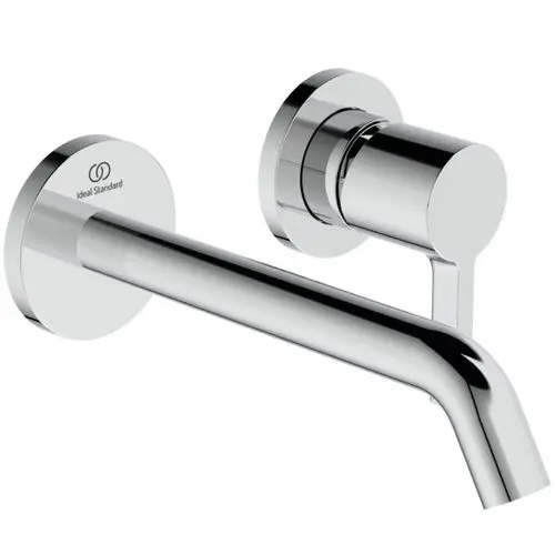 Wand-Waschtischarmatur mit runder Rosette und Auslauf, verchromt, von Ideal Standard, montiert an der Wand.